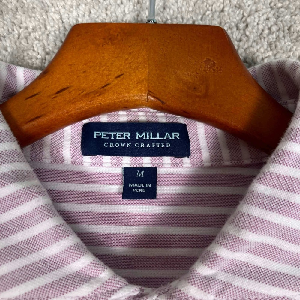 Peter Millar Polo Shirt Mens Medium Pink Striped Sage Valley Crown Crafted Pima - Picture 3 of 12